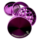 Sir Shredalot 4-Piece Metal Herb Grinder in purple with logo, disassembled view showing all components