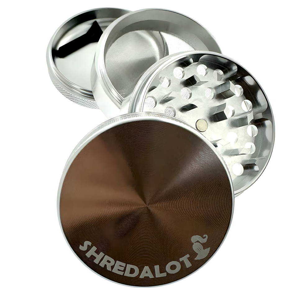 Sir Shredalot 4-Piece Metal Herb Grinder with textured grip and sharp teeth, top view