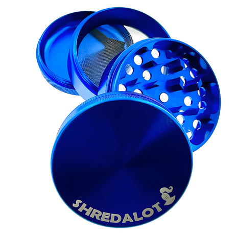 Sir Shredalot 4-Piece Metal Herb Grinder in Blue, Top View with Components Displayed