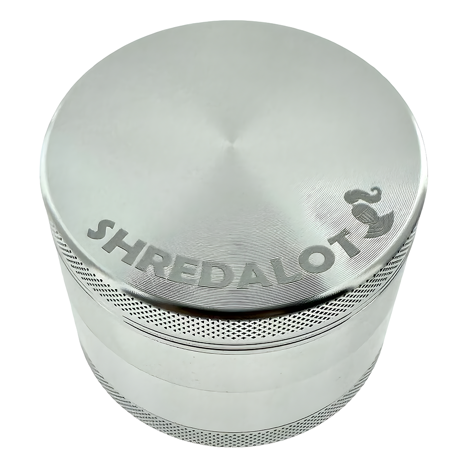 Sir Shredalot 4-Piece Metal Herb Grinder in Silver - Top View with Engraved Logo