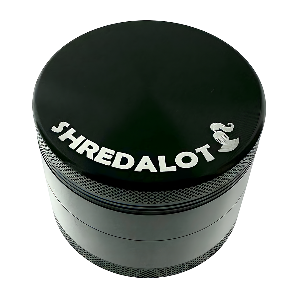 Sir Shredalot 4-Piece Metal Herb Grinder in Black - Top View with Textured Grip