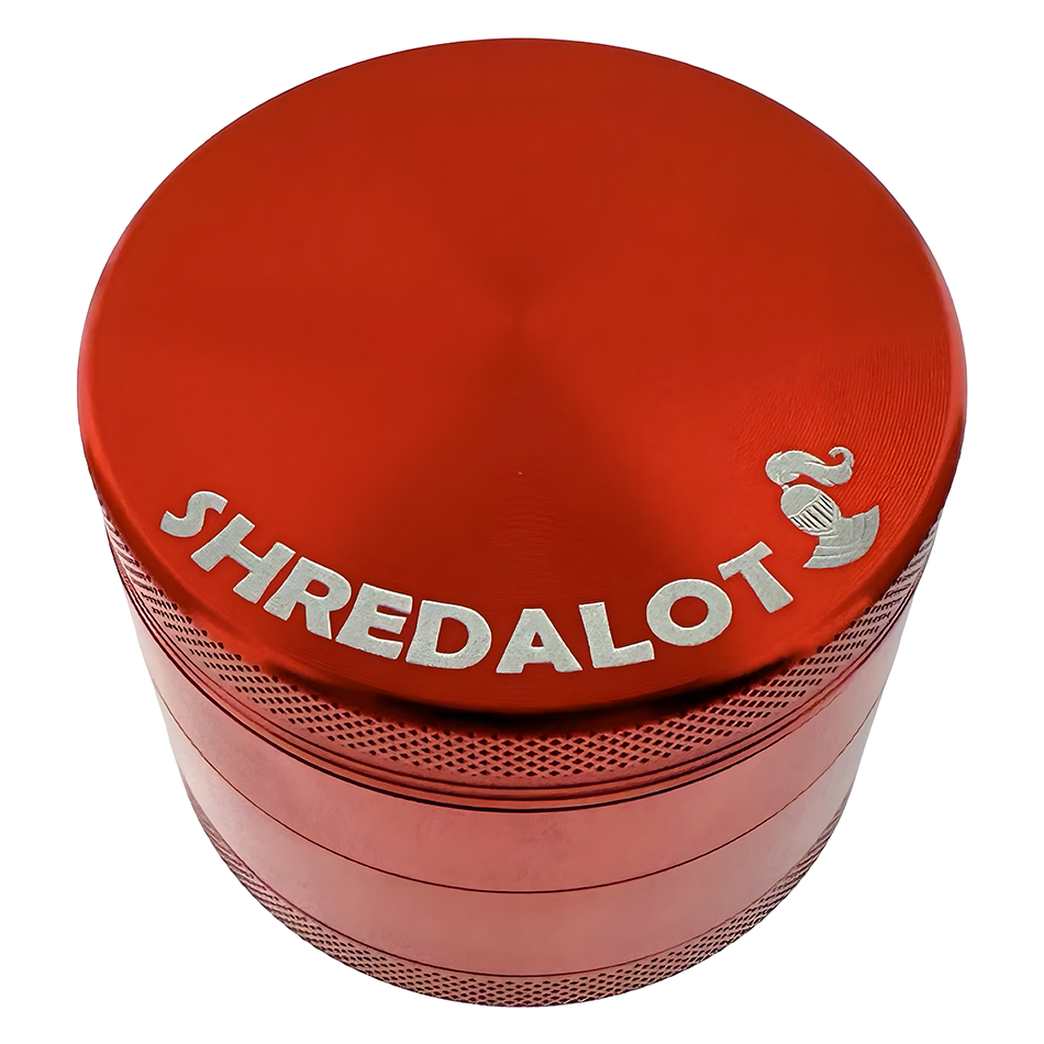 Sir Shredalot 4-Piece Red Metal Herb Grinder, Top View on White Background