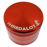 Sir Shredalot 4-Piece Red Metal Herb Grinder, Top View on White Background