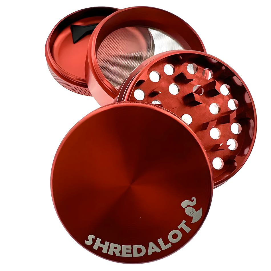 Sir Shredalot 4-Piece Metal Herb Grinder in Red, Disassembled View Showing All Components