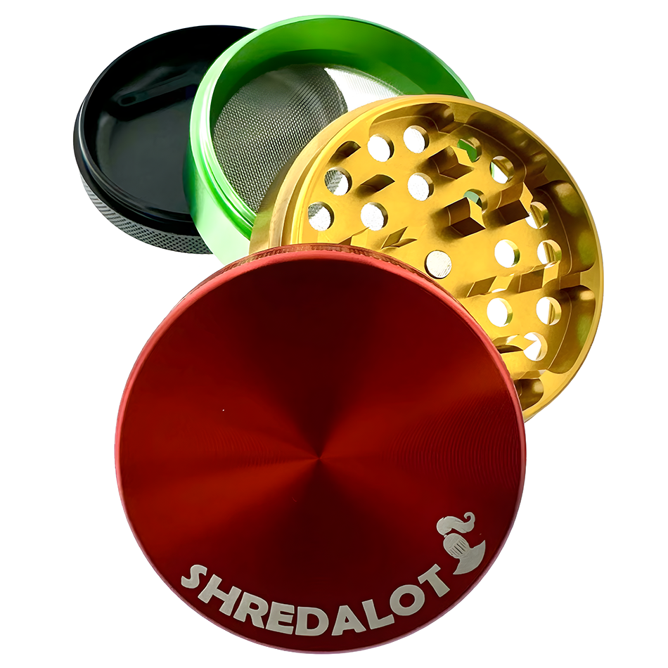 Sir Shredalot 4-Piece Metal Herb Grinder in Red, Gold, and Green with Sharp Teeth - Top View