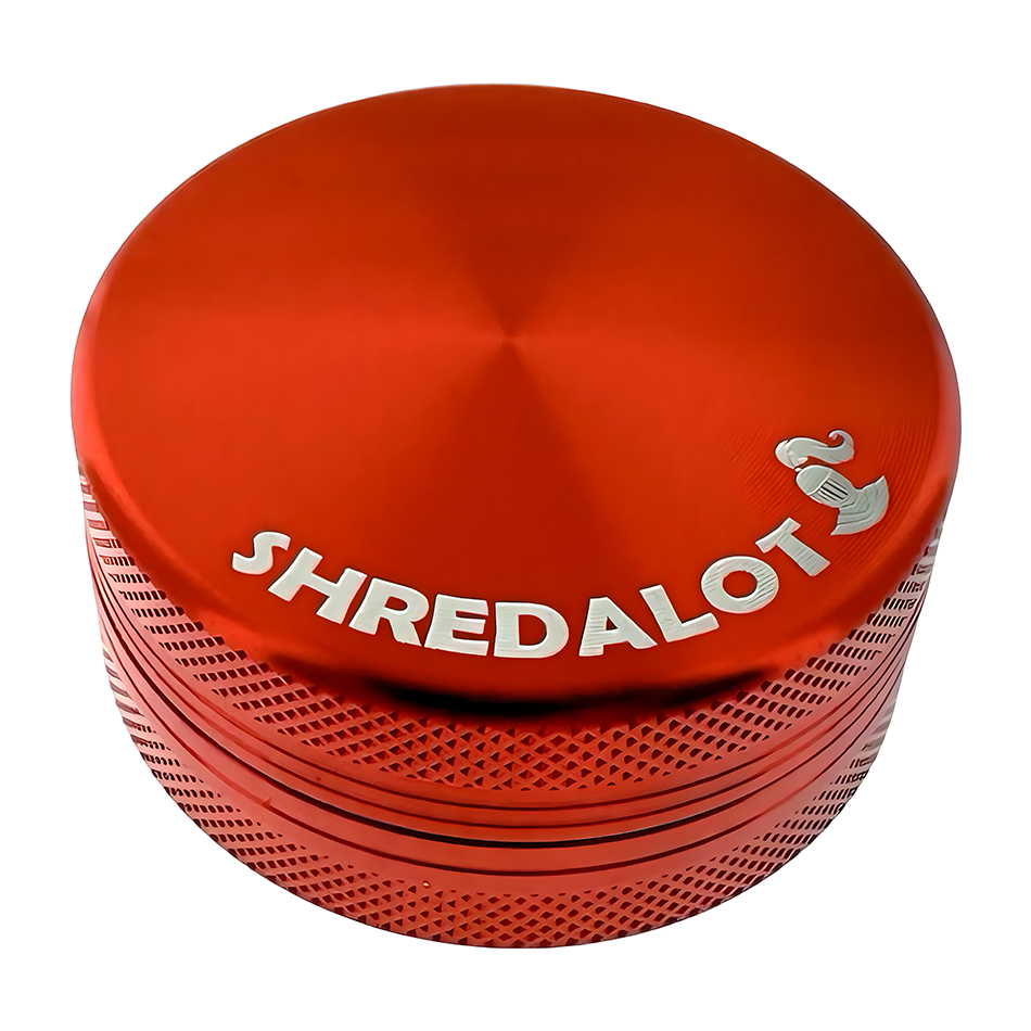 Sir Shredalot 2 Piece Metal Herb Grinder in Red, Top View with Engraved Logo