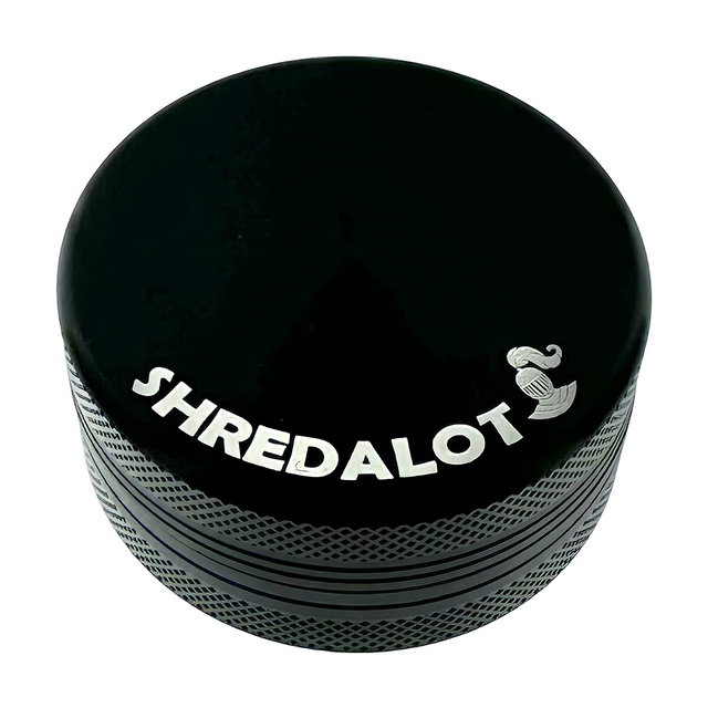 Sir Shredalot 2 Piece Metal Herb Grinder, Black, Top View with Engraved Logo