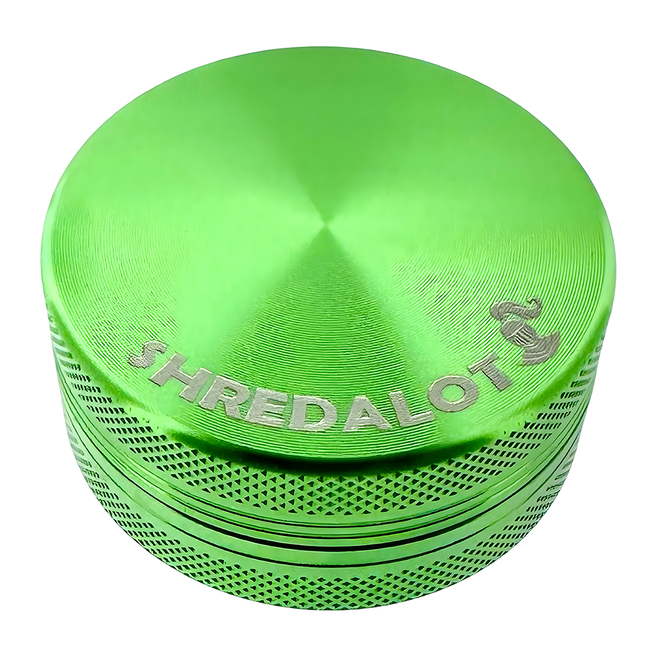 Sir Shredalot 2 Piece Metal Herb Grinder in vibrant green with textured grip - Top View