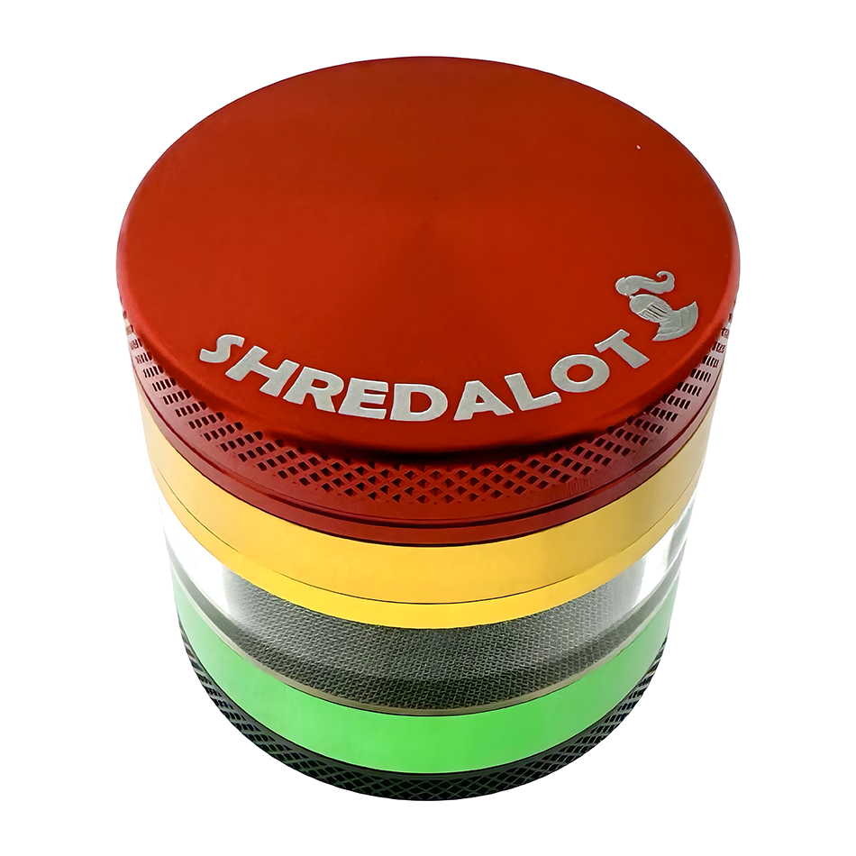 Sir Shredalot Window Chamber Metal Herb Grinder with multicolored layers, top view