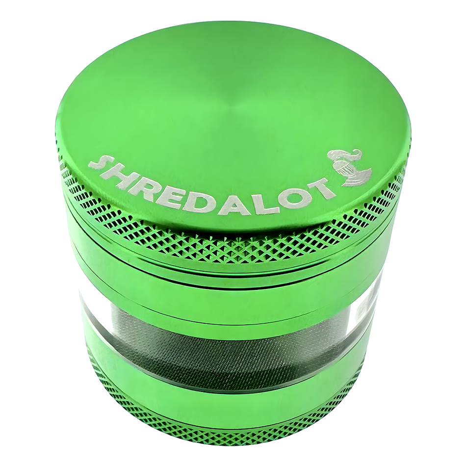 Sir Shredalot Window Chamber Metal Herb Grinder in vibrant green, top view with visible mesh screen