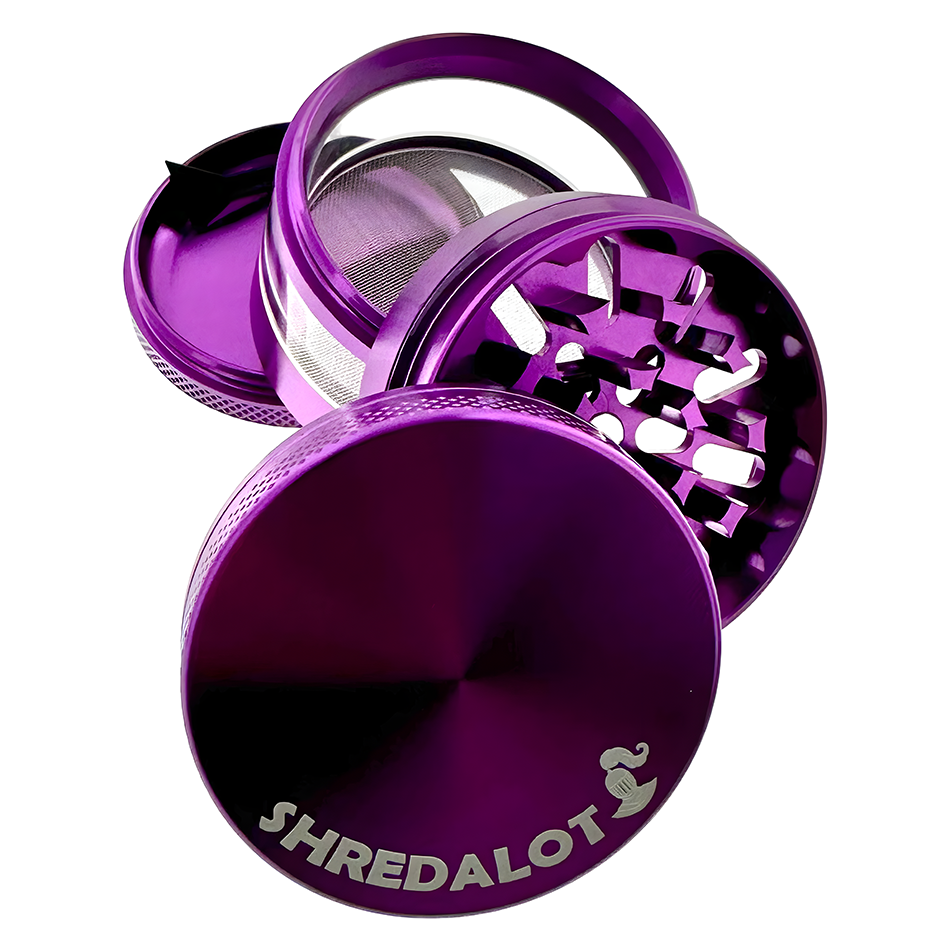 Sir Shredalot Window Chamber Metal Herb Grinder in purple, disassembled view showing interior