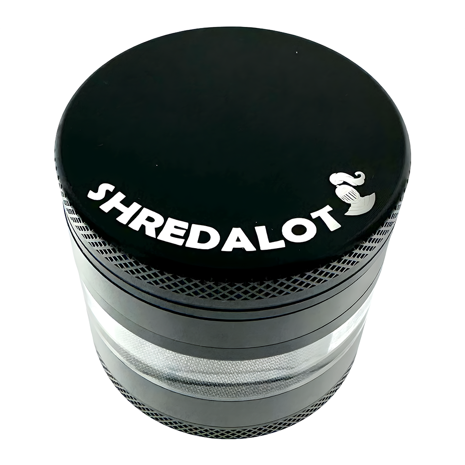 Sir Shredalot Window Chamber Metal Herb Grinder, top view on seamless white background