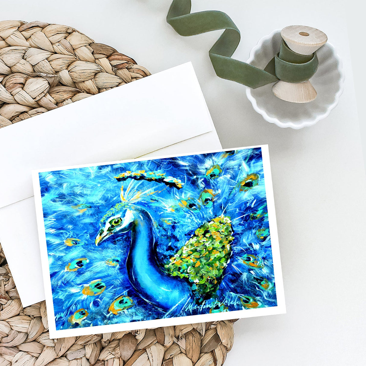 Peacock Straight Up in Blue Greeting Cards Pack of 8