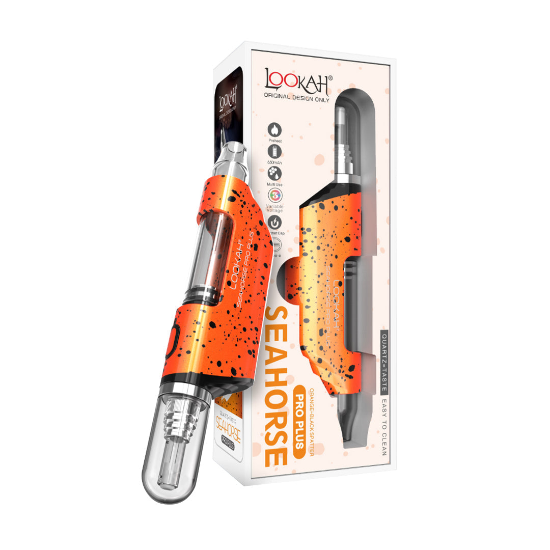 Lookah Seahorse Pro Plus Vaporizer in orange with packaging, side view, easy-to-use design