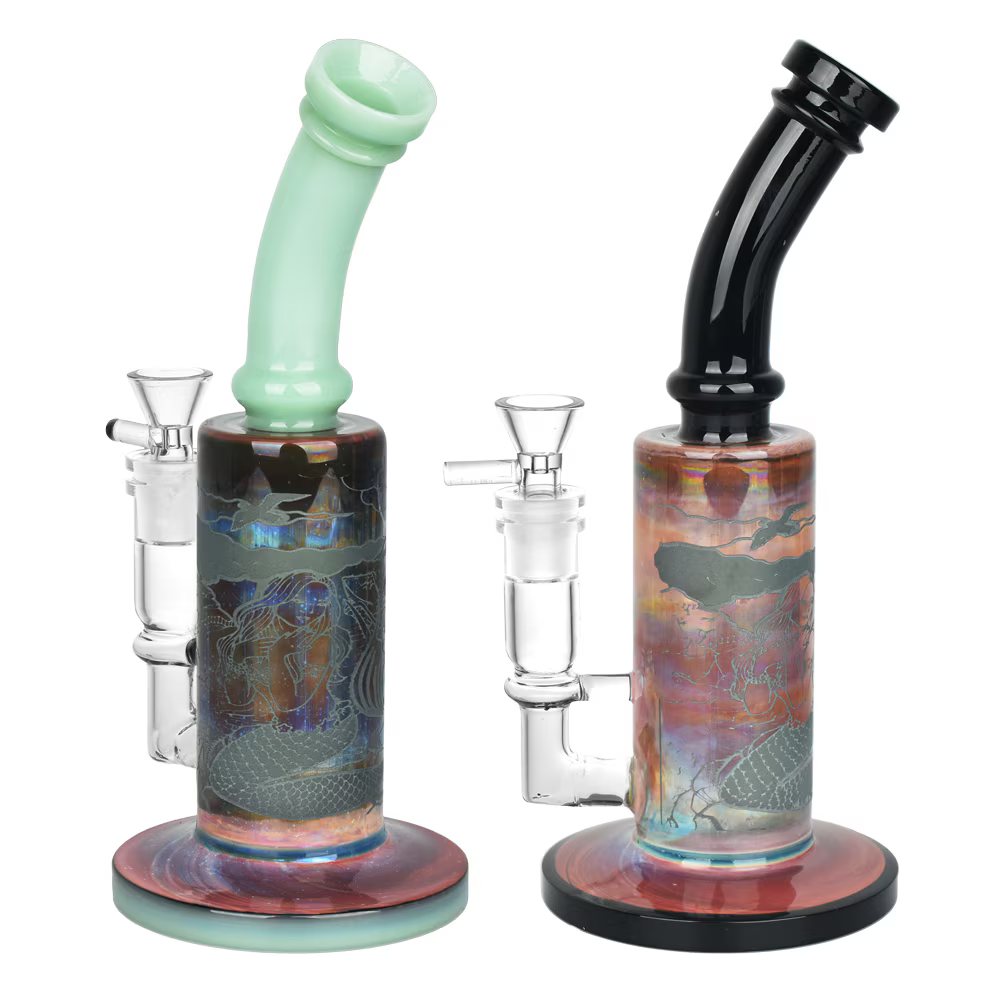 Mermaid Etched Glass Water Pipe | 9.25" | 14mm F | Colors Vary