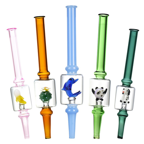 Mini Figurine Glass Dab Straw | Integrated Tip | 6.5" | Assorted Designs | 10ct Bundle