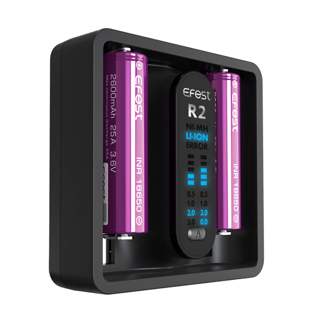 Efest Imate R2 Battery Charger front view with two batteries and digital display