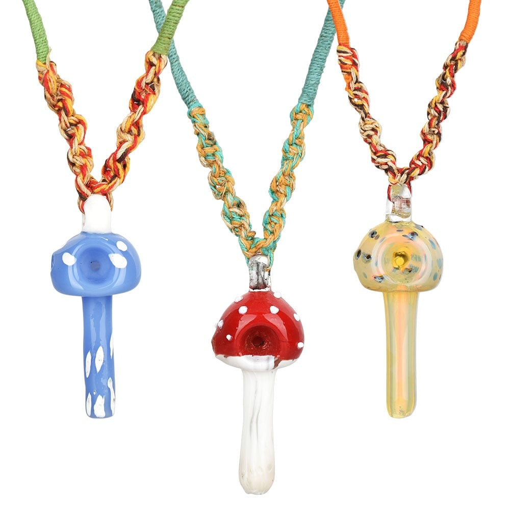 Mushroom Spoon Pipe Pendant on Hemp Necklace | 19" | Assorted Colors | 10ct Bundle