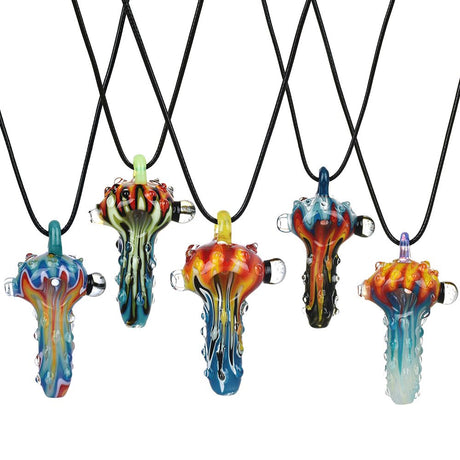 Chameleon Glass Spoon Pipe Pendants in assorted colors displayed in a row on white background