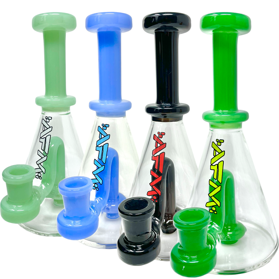 Assorted 7" AFM Drop Glass Mini Dab Rigs with colorful accents and showerhead percs, front view