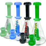 Assorted 7" AFM Drop Glass Mini Dab Rigs with colorful accents and showerhead percs, front view