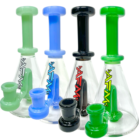 Assorted 7" AFM Drop Glass Mini Dab Rigs with colorful accents and showerhead percs, front view