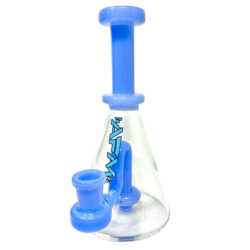 AFM 7" Drop Glass Mini Dab Rig with Showerhead Perc and Blue Accents - Front View