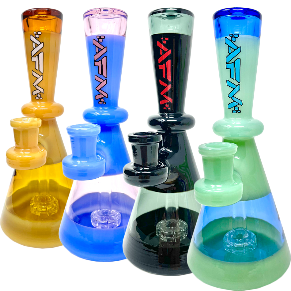 AFM Double Double Glass Mini Dab Rigs in various colors with showerhead percs, front view