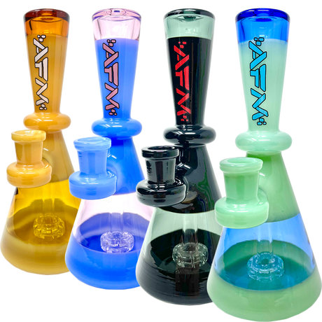 AFM Double Double Glass Mini Dab Rigs in various colors with showerhead percs, front view