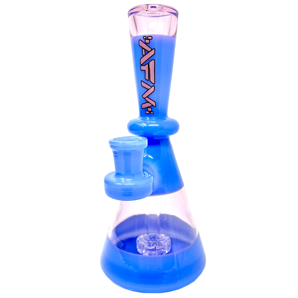 AFM Double Double Glass Mini Dab Rig in blue with showerhead perc, front view on white background