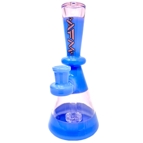 AFM Double Double Glass Mini Dab Rig in blue with showerhead perc, front view on white background