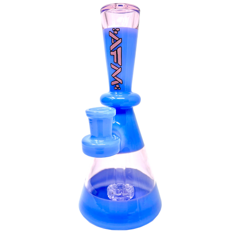 AFM Double Double Glass Mini Dab Rig in blue with showerhead perc, front view on white background