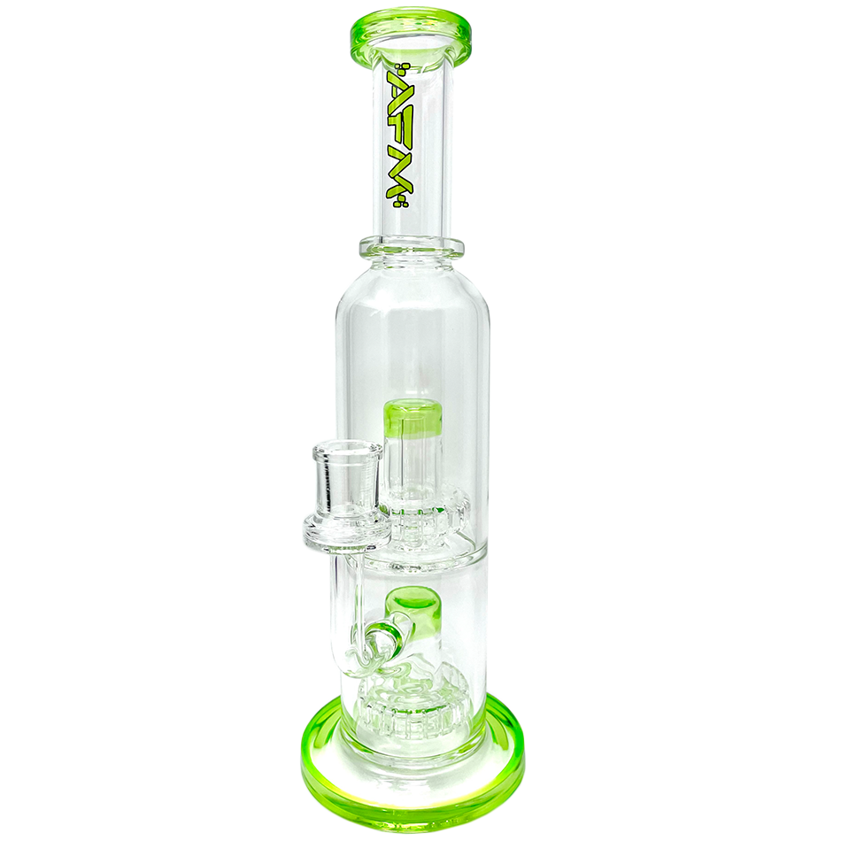 12" AFM Glass Commander Double UFO Perc Rig with Lime Accents and Bent Neck Design