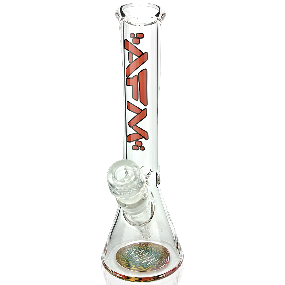 AFM Glass 10" Rasta Mini Beaker Bong with Lip Stick Red Logo, 14mm Female Joint, Front View