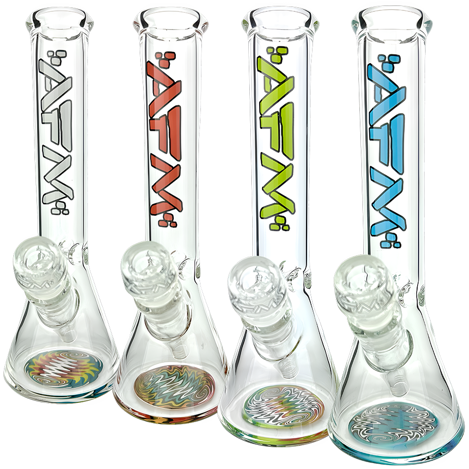 AFM Glass Rasta Mini Beaker Bongs in Clear Glass with Colored Accents, Side View