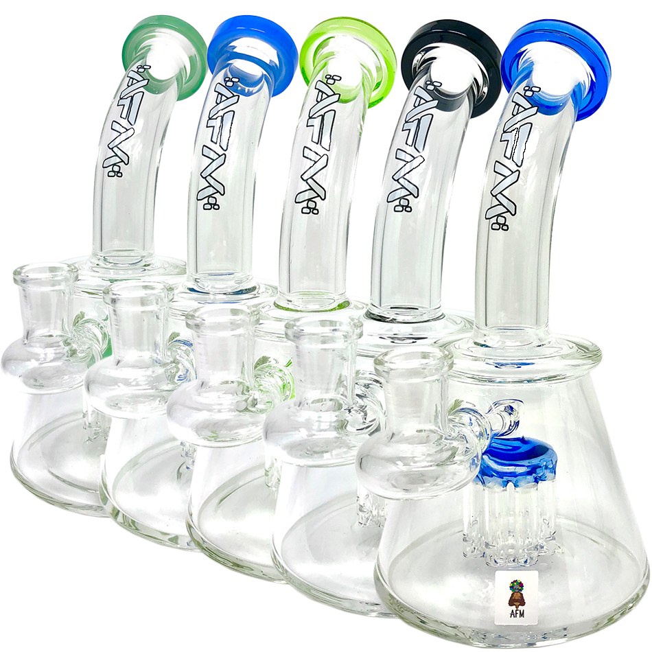 AFM Glass Mini Dab Rigs, 7" Pyramid Design with Bent Neck and Colored Accents, Front View