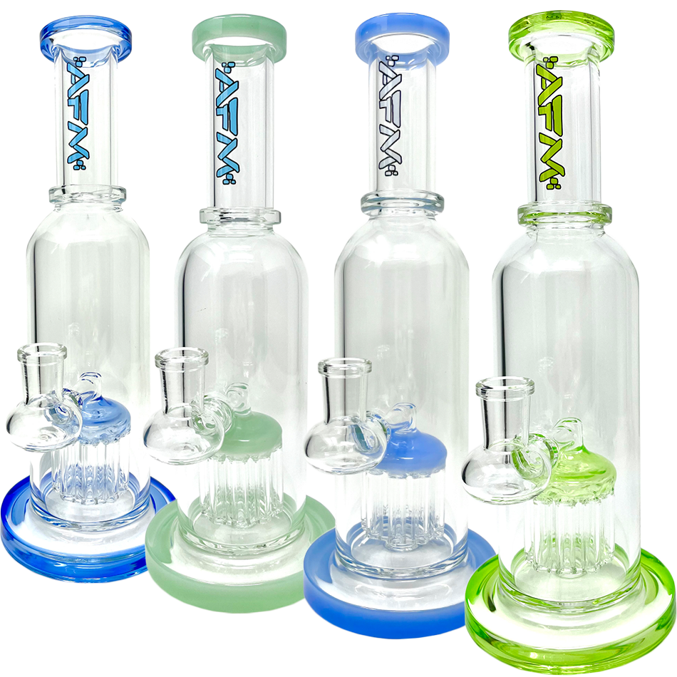 AFM Glass Ten Arm Bottle Dab Rigs in blue, green, and clear with Showerhead Perc, front view