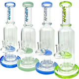 AFM Glass Ten Arm Bottle Dab Rigs in blue, green, and clear with Showerhead Perc, front view