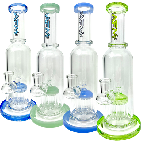 AFM Glass Ten Arm Bottle Dab Rigs in blue, green, and clear with Showerhead Perc, front view