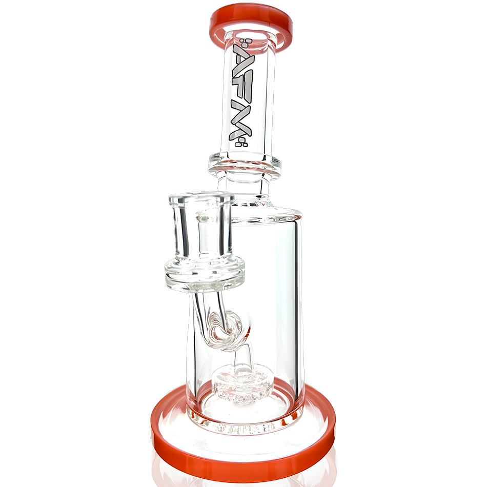 8" AFM Puck Mini Dab Rig with Bent Neck and Showerhead Perc, Clear Glass with Red Accents, Front View