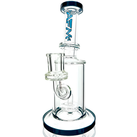 AFM 8" Puck Clear Glass Mini Dab Rig with Showerhead Perc and Bent Neck on White Background