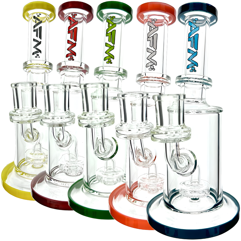 AFM Glass Mini Dab Rigs in Various Colors with Showerhead Perc, Bent Neck, and Clear Borosilicate Glass