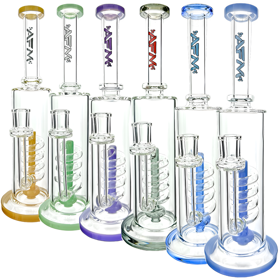 AFM Glass 13" Spiral Waterfall Dab Rigs in Various Colors with Showerhead Perc, Front View