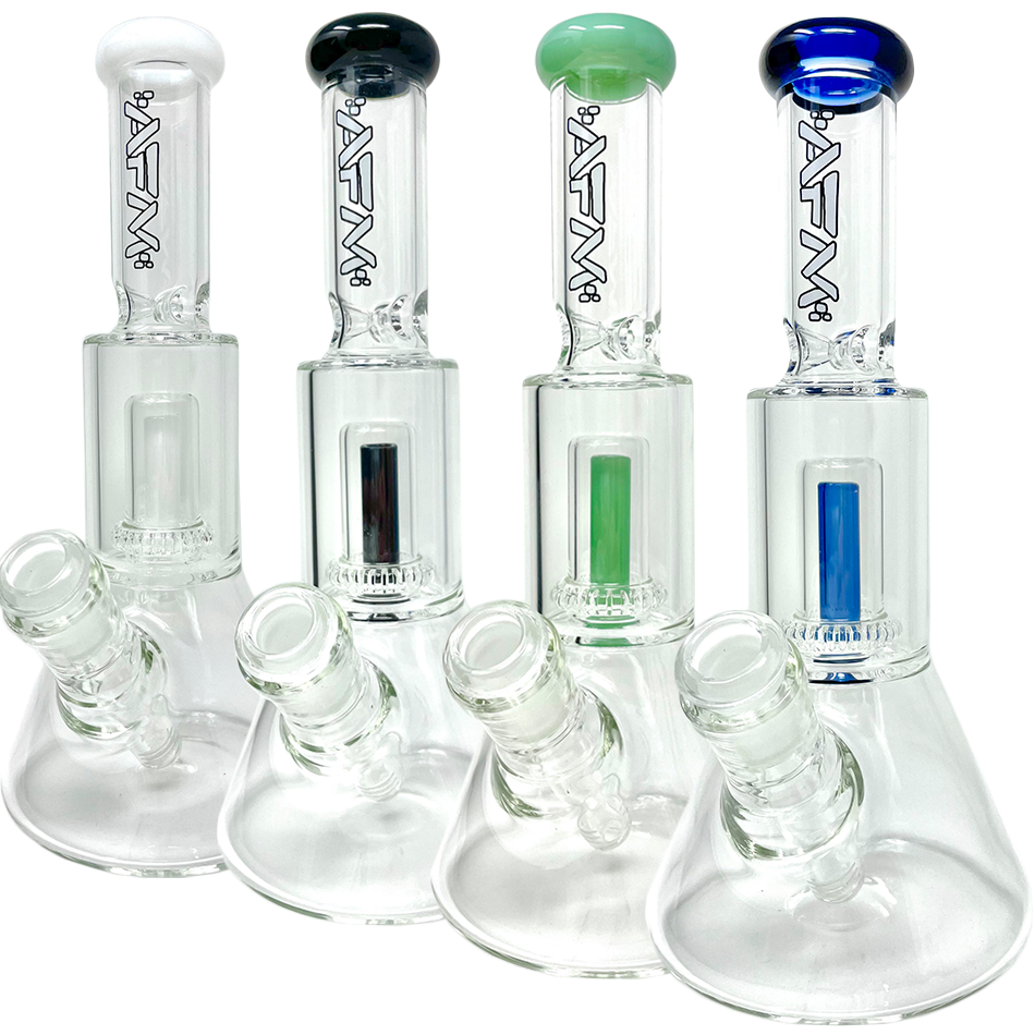 AFM Glass Mini Beaker Bongs with UFO Chambers, 12" Tall, Colored Accents, Front View