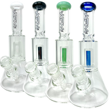 AFM Glass Mini Beaker Bongs with UFO Chambers, 12" Tall, Colored Accents, Front View