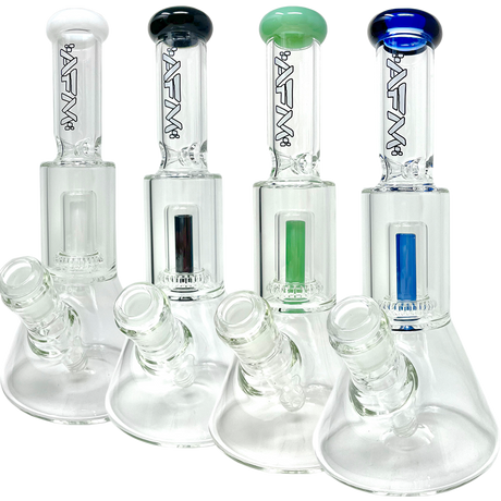 AFM Glass Mini Beaker Bongs with UFO Chambers, 12" Tall, Colored Accents, Front View