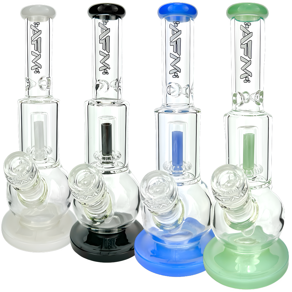 AFM 10" Bubble Bottom Beaker Bongs in various colors with clear borosilicate glass, front view