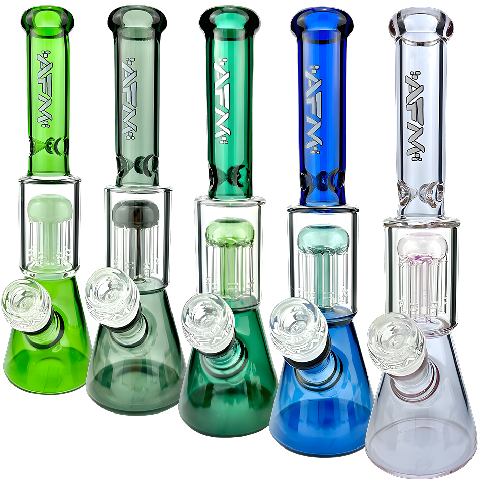 AFM Glass Tree Perc Mini Beaker Bongs in assorted colors with clear 14mm bowls, front view