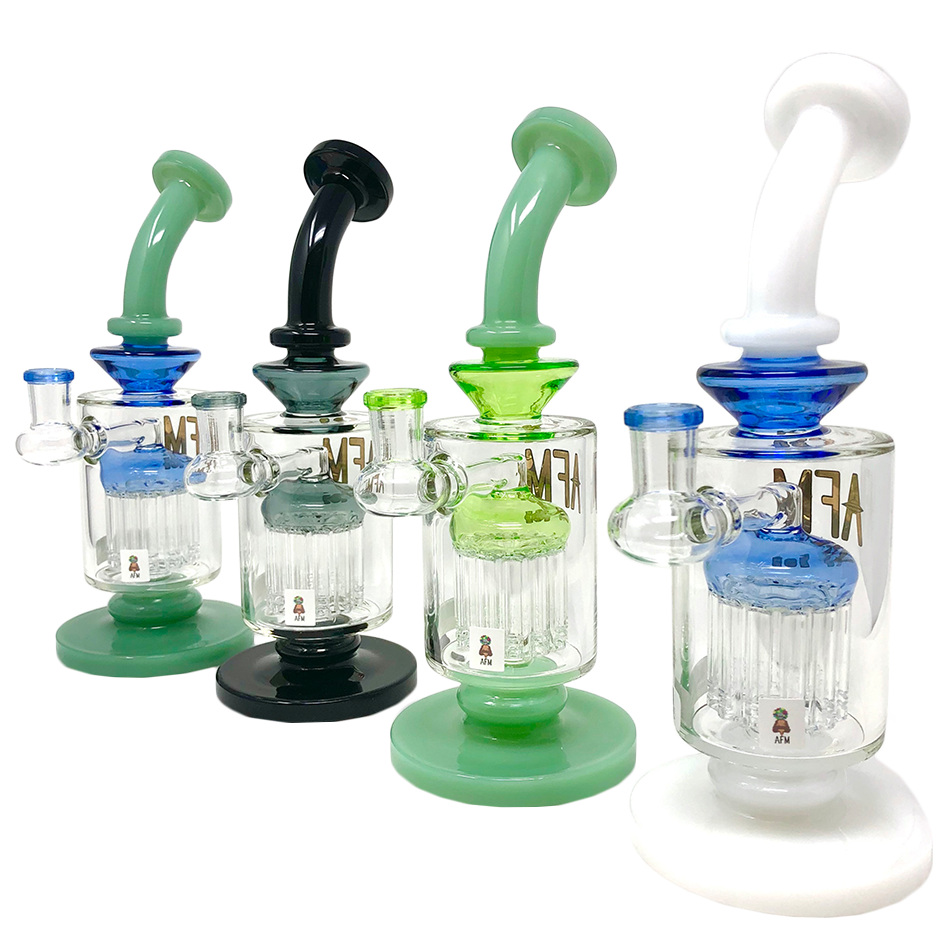 AFM Glass Dab Rigs with Double Color Arms, Bent Neck & Showerhead Perc, Front View