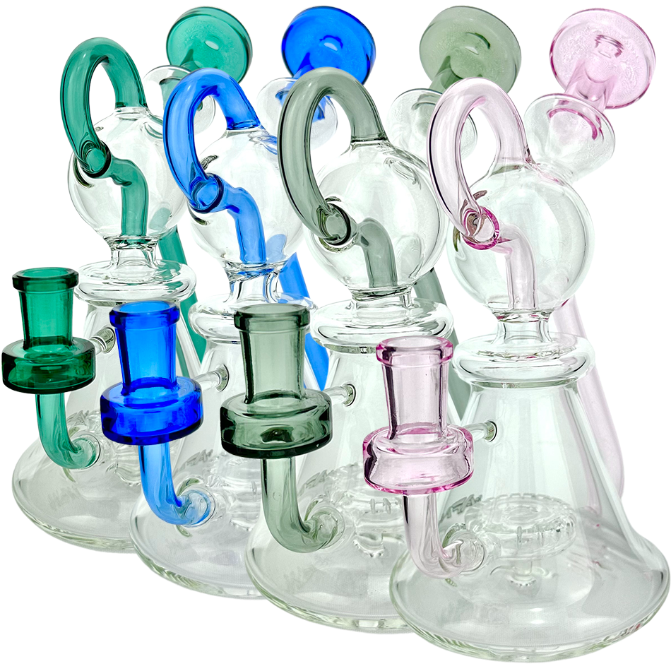 Assortment of 8" AFM Unicorn Glass Recycler Dab Rigs with Colored Accents, 14mm Female Joint